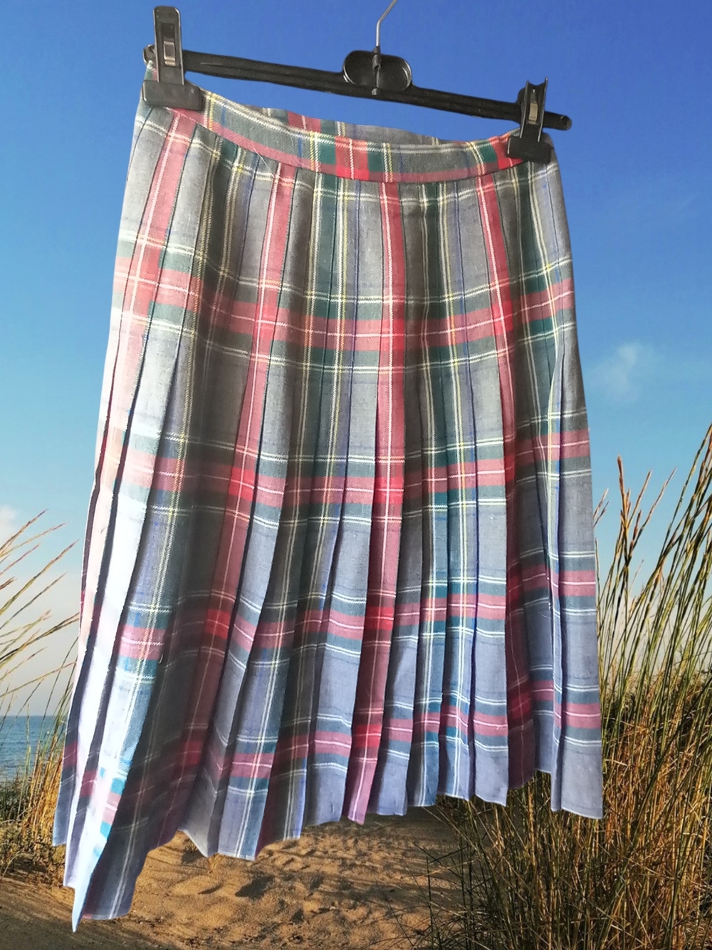 Pleated Tartan A-Line Midi Skirt in Blue and Red